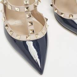 Valentino Navy Blue/Beige Leather and Patent Rockstud Caged Pumps Size 38.5