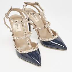 Valentino Navy Blue/Beige Leather and Patent Rockstud Caged Pumps Size 38.5