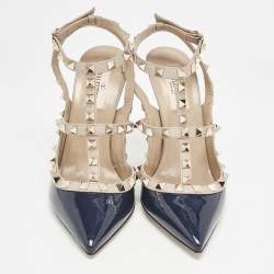 Valentino Navy Blue/Beige Leather and Patent Rockstud Caged Pumps Size 38.5