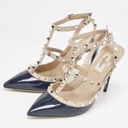 Valentino Navy Blue/Beige Leather and Patent Rockstud Caged Pumps Size 38.5