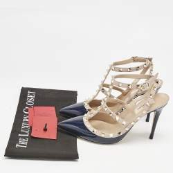 Valentino Navy Blue/Beige Leather and Patent Rockstud Caged Pumps Size 38.5