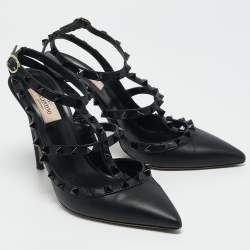Valentino Black Leather Rockstud Ankle Strap Pumps Size 40
