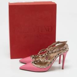 Valentino Pink/Beige Leather Rockstud Ankle Strap Pumps Size 39.5
