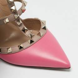 Valentino Pink/Beige Leather Rockstud Ankle Strap Pumps Size 39.5