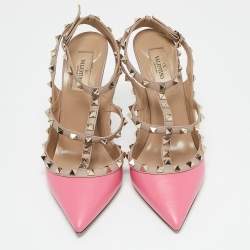 Valentino Pink/Beige Leather Rockstud Ankle Strap Pumps Size 39.5