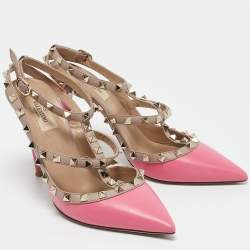 Valentino Pink/Beige Leather Rockstud Ankle Strap Pumps Size 39.5