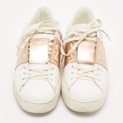 Pre Owned Valentino White/Gold Leather Rockstud Low Top Sneakers Size 39