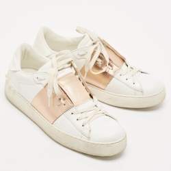 Pre Owned Valentino White/Gold Leather Rockstud Low Top Sneakers Size 39