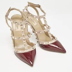 Pre Owned Valentino Burgundy Patent Leather Rockstud Ankle Strap Pumps Size 38