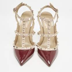 Pre Owned Valentino Burgundy Patent Leather Rockstud Ankle Strap Pumps Size 38