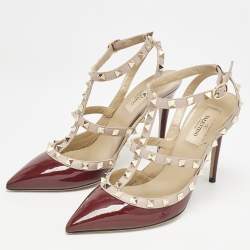 Pre Owned Valentino Burgundy Patent Leather Rockstud Ankle Strap Pumps Size 38