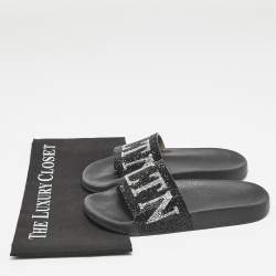 Valentino Black Leather Crystal Embellished Flat Slides Size 37