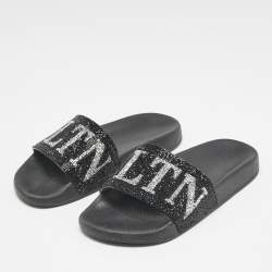 Valentino Black Leather Crystal Embellished Flat Slides Size 37