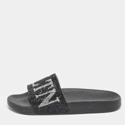 Valentino Black Leather Crystal Embellished Flat Slides Size 37