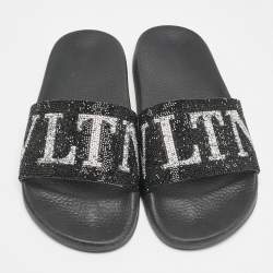 Valentino Black Leather Crystal Embellished Flat Slides Size 37