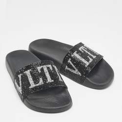 Valentino Black Leather Crystal Embellished Flat Slides Size 37