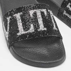 Valentino Black Leather Crystal Embellished Flat Slides Size 37