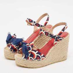 Pre Owned Valentino Multicolor Canvas Bow Wedge Sandals Size 38