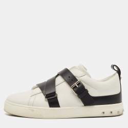 Valentino White/Black Leather Buckle Strap Rockstud Low Top Sneakers Size 38.5