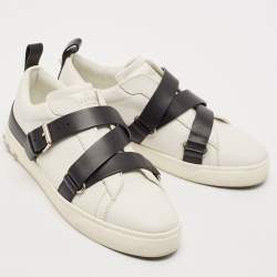 Valentino White/Black Leather Buckle Strap Rockstud Low Top Sneakers Size 38.5