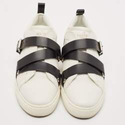 Valentino White/Black Leather Buckle Strap Rockstud Low Top Sneakers Size 38.5