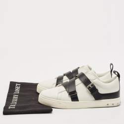 Valentino White/Black Leather Buckle Strap Rockstud Low Top Sneakers Size 38.5