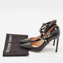 Pre Owned Valentino Black Leather Rockstud Ankle Wrap Pumps Size 38