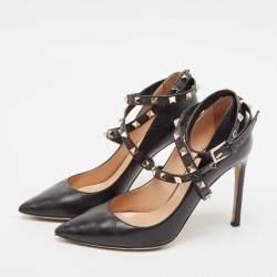 Pre Owned Valentino Black Leather Rockstud Ankle Wrap Pumps Size 38