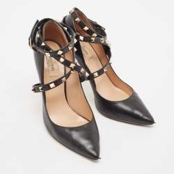 Pre Owned Valentino Black Leather Rockstud Ankle Wrap Pumps Size 38