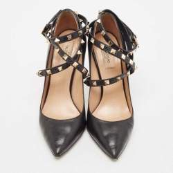 Pre Owned Valentino Black Leather Rockstud Ankle Wrap Pumps Size 38