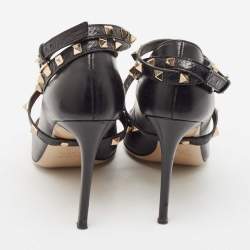 Pre Owned Valentino Black Leather Rockstud Ankle Wrap Pumps Size 38
