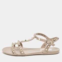 Valentino Beige Rubber Rockstud Ankle Strap Flat Sandals Size 35