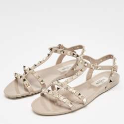 Valentino Beige Rubber Rockstud Ankle Strap Flat Sandals Size 35