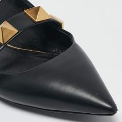 Pre Owned Valentino Black Leather Roman Stud Flat Mules Size 38