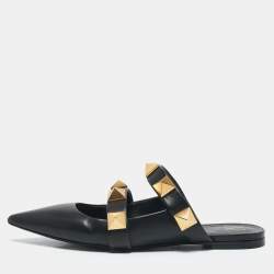Pre Owned Valentino Black Leather Roman Stud Flat Mules Size 38