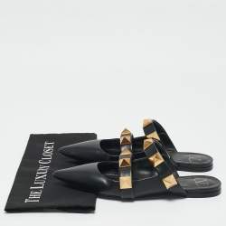 Pre Owned Valentino Black Leather Roman Stud Flat Mules Size 38