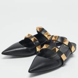 Pre Owned Valentino Black Leather Roman Stud Flat Mules Size 38