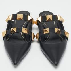 Pre Owned Valentino Black Leather Roman Stud Flat Mules Size 38