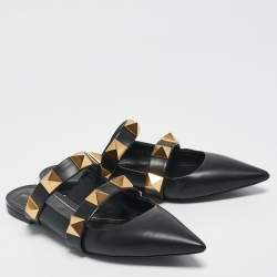 Pre Owned Valentino Black Leather Roman Stud Flat Mules Size 38