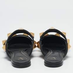 Pre Owned Valentino Black Leather Roman Stud Flat Mules Size 38