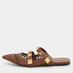 Valentino Brown Woven Leather Roman Stud Flats Size 41