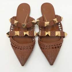 Valentino Brown Woven Leather Roman Stud Flats Size 41