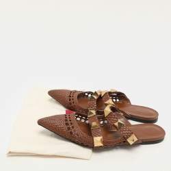 Valentino Brown Woven Leather Roman Stud Flats Size 41