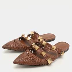 Valentino Brown Woven Leather Roman Stud Flats Size 41
