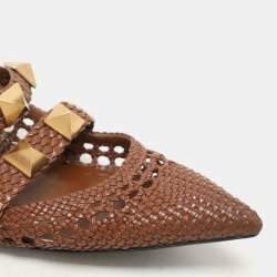 Valentino Brown Woven Leather Roman Stud Flats Size 41