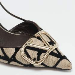Pre Owned Valentino Beige/Dark Brown Canvas and Leather VLogo Slingback Pumps Size 37