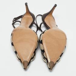 Pre Owned Valentino Beige/Dark Brown Canvas and Leather VLogo Slingback Pumps Size 37