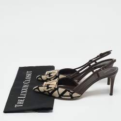 Pre Owned Valentino Beige/Dark Brown Canvas and Leather VLogo Slingback Pumps Size 37