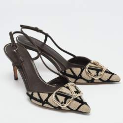Pre Owned Valentino Beige/Dark Brown Canvas and Leather VLogo Slingback Pumps Size 37