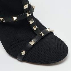 Valentino Black Knit Fabric and Leather Rockstud Ankle Length Boots Size 39